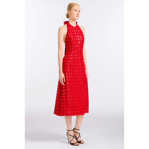 Markarian Ravenna Scarlet Halter Dress, view 2 | Midi Dresses | Coveti