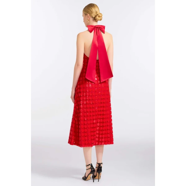 Markarian Ravenna Scarlet Halter Dress, view 3 | Midi Dresses | Coveti