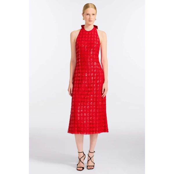 Markarian Ravenna Scarlet Halter Dress, view 4 | Midi Dresses | Coveti