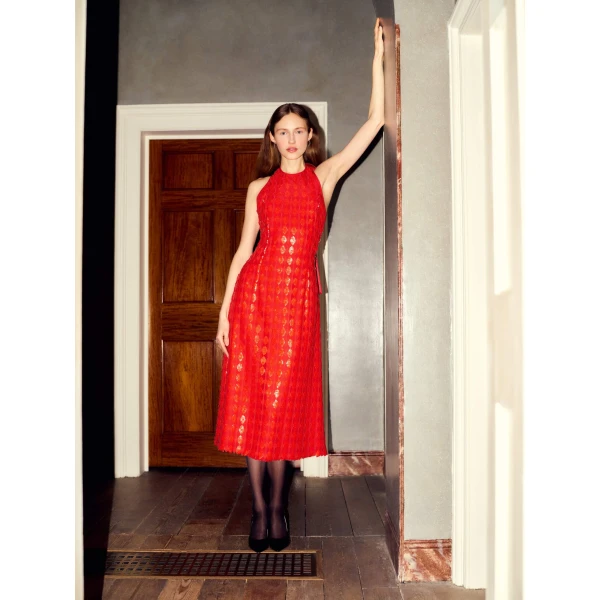 Markarian Ravenna Scarlet Halter Dress, view 6 | Midi Dresses | Coveti