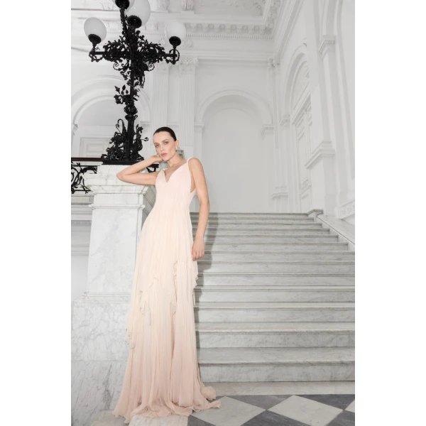 Marmar Halim A-Line Pleated Chiffon Dress With Layers | Evening Gowns | Coveti