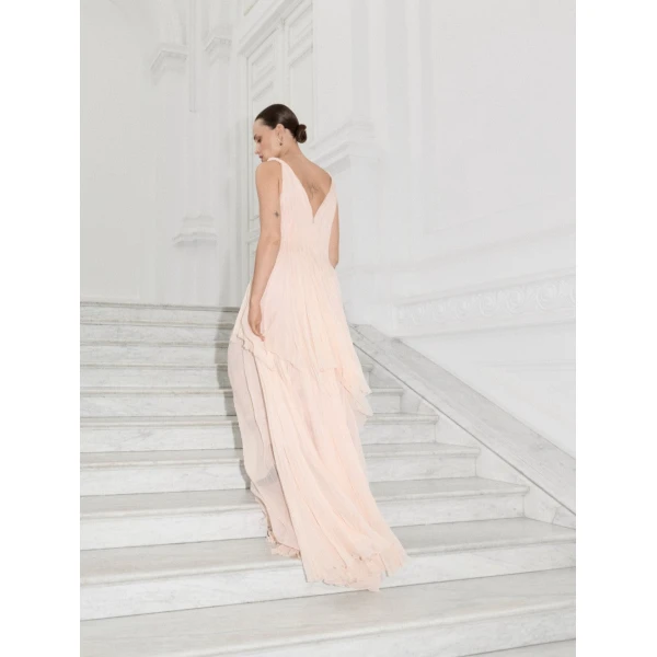 Marmar Halim A-Line Pleated Chiffon Dress With Layers | Evening Gowns | Coveti