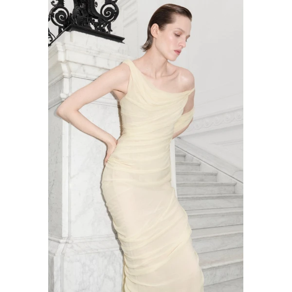 Marmar Halim Asymmetrical Draped Chiffon Dress in Ivory | Evening Gowns | Coveti