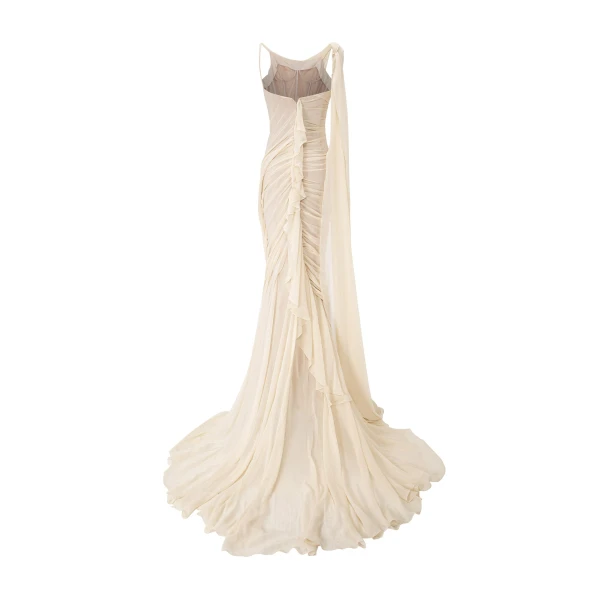 Marmar Halim Asymmetrical Draped Chiffon Dress in Ivory | Evening Gowns | Coveti