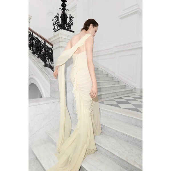 Marmar Halim Asymmetrical Draped Chiffon Dress in Ivory | Evening Gowns | Coveti