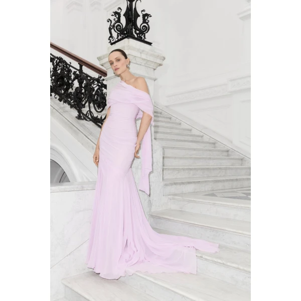 Marmar Halim Asymmetrical Draped Chiffon Dress in Pink | Evening Gowns | Coveti