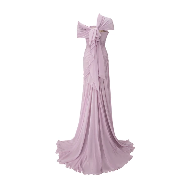 Marmar Halim Asymmetrical Draped Chiffon Dress in Pink | Evening Gowns | Coveti