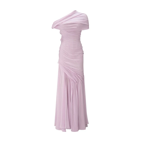 Marmar Halim Asymmetrical Draped Chiffon Dress in Pink | Evening Gowns | Coveti