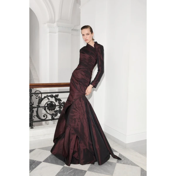 Marmar Halim High-Neck Draped Fish-Cut Taffeta Dress | Evening Gowns | Coveti