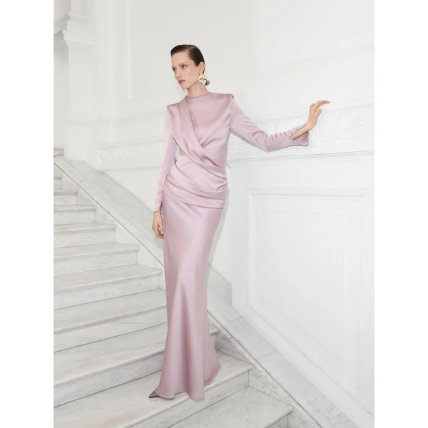 Marmar Halim High-Neck Draped Satin Dress | Evening Gowns | Coveti