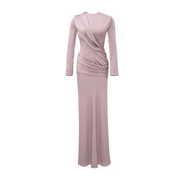 High-Neck Draped Satin Dress