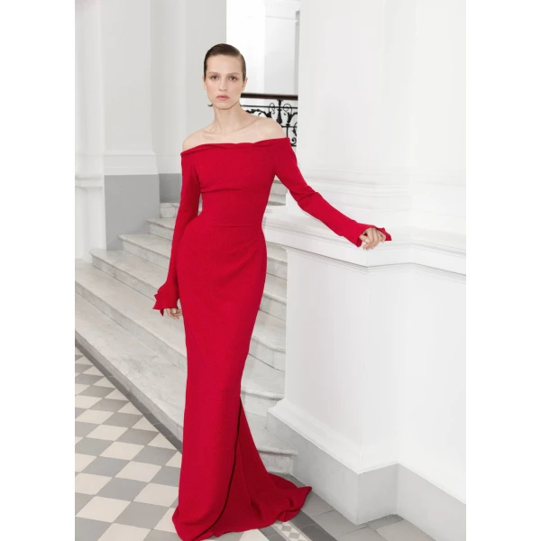 Marmar Halim Off-Shoulder Crepe Dress With Draped Outline | Evening Gowns | Coveti