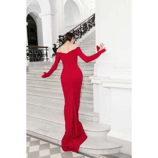 Marmar Halim Off-Shoulder Crepe Dress With Draped Outline | Evening Gowns | Coveti