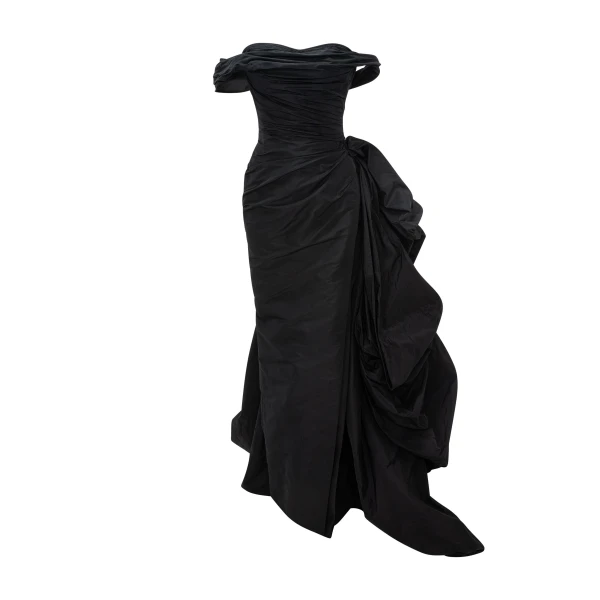 Marmar Halim Off-Shoulder Draped Taffeta Dress With Detachable Over Skirt | Evening Gowns | Coveti