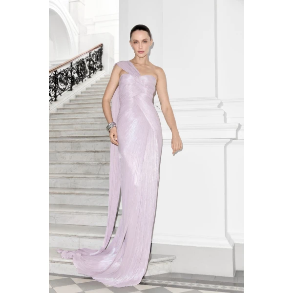 Marmar Halim One-Shoulder Pleated Silk Dress in Lilac | Evening Gowns | Coveti