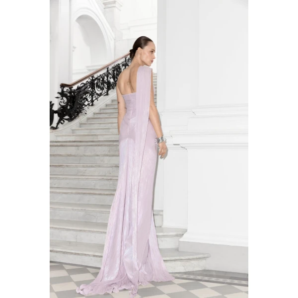 Marmar Halim One-Shoulder Pleated Silk Dress in Lilac | Evening Gowns | Coveti