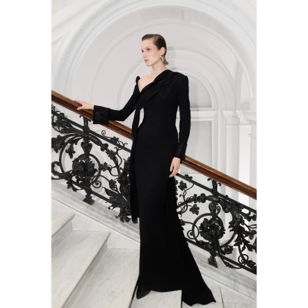 Marmar Halim Straight-Cut Crepe Dress With Embroidery | Evening Gowns | Coveti