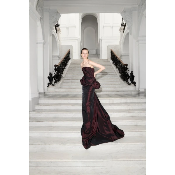 Marmar Halim Strapless Draped Corseted Taffeta Dress | Evening Gowns | Coveti