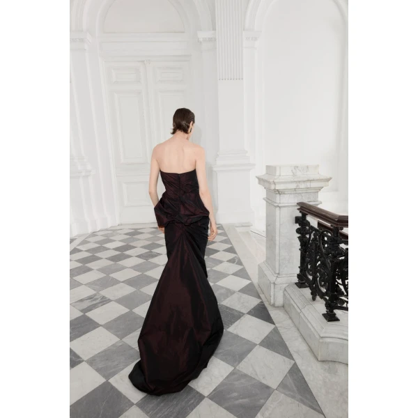 Marmar Halim Strapless Draped Corseted Taffeta Dress | Evening Gowns | Coveti