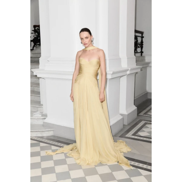 Marmar Halim Strapless Hand-Pleated Silk Chiffon Dress With Cape | Evening Gowns | Coveti