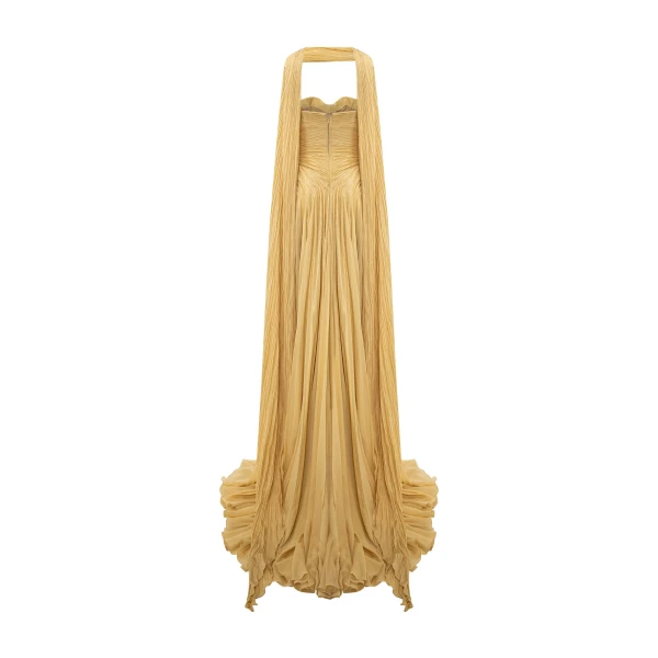 Marmar Halim Strapless Hand-Pleated Silk Chiffon Dress With Cape | Evening Gowns | Coveti