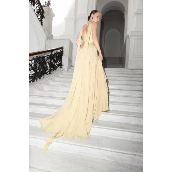 Marmar Halim Strapless Hand-Pleated Silk Chiffon Dress With Cape | Evening Gowns | Coveti