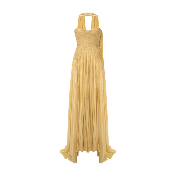 Marmar Halim Strapless Hand-Pleated Silk Chiffon Dress With Cape | Evening Gowns | Coveti