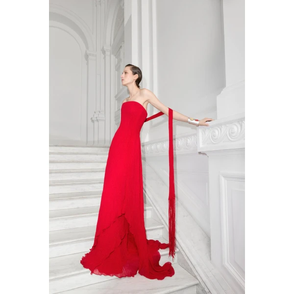 Marmar Halim Strapless Pleated Chiffon Dress With Scarf | Evening Gowns | Coveti