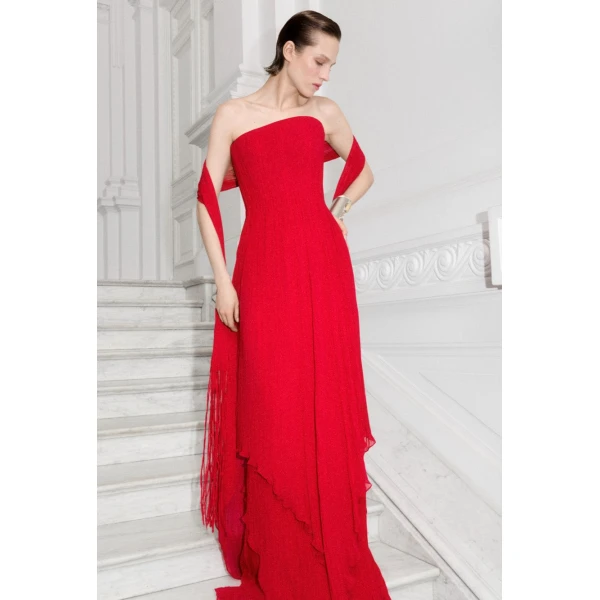 Marmar Halim Strapless Pleated Chiffon Dress With Scarf | Evening Gowns | Coveti