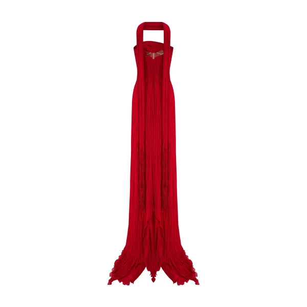Marmar Halim Strapless Pleated Chiffon Dress With Scarf | Evening Gowns | Coveti