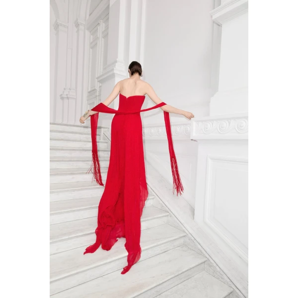 Marmar Halim Strapless Pleated Chiffon Dress With Scarf | Evening Gowns | Coveti
