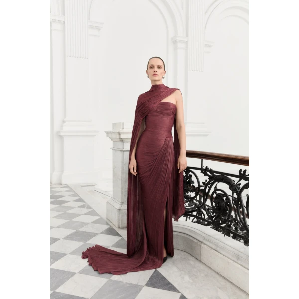 Marmar Halim Strapless Pleated Silk Dress With Cape in Burgundy | Evening Gowns | Coveti