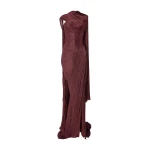 Marmar Halim Strapless Pleated Silk Dress With Cape in Burgundy | Evening Gowns | Coveti