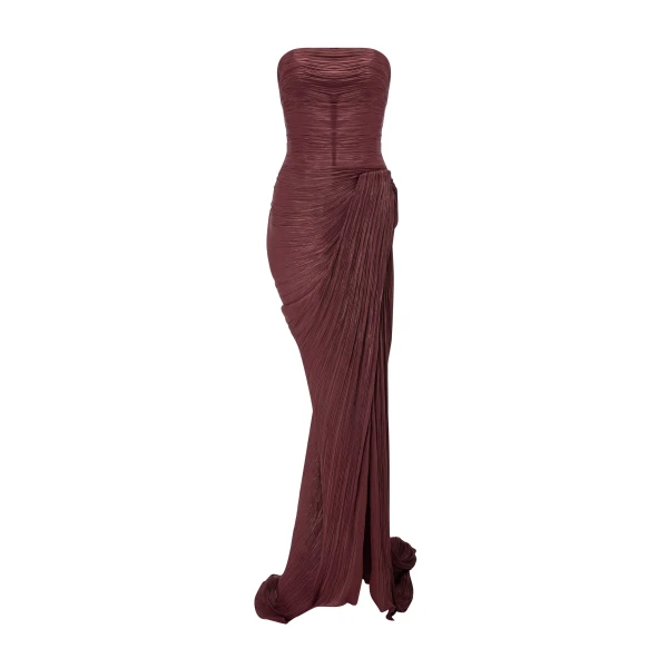 Marmar Halim Strapless Pleated Silk Dress With Cape in Burgundy | Evening Gowns | Coveti
