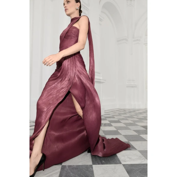Marmar Halim Strapless Pleated Silk Dress With Cape in Burgundy | Evening Gowns | Coveti