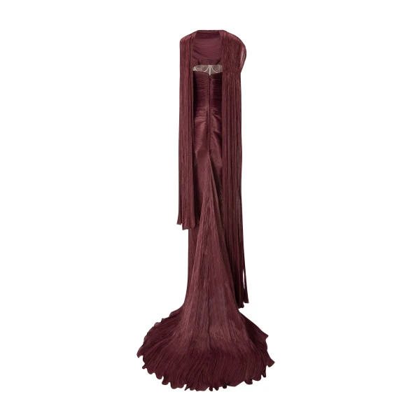 Marmar Halim Strapless Pleated Silk Dress With Cape in Burgundy | Evening Gowns | Coveti
