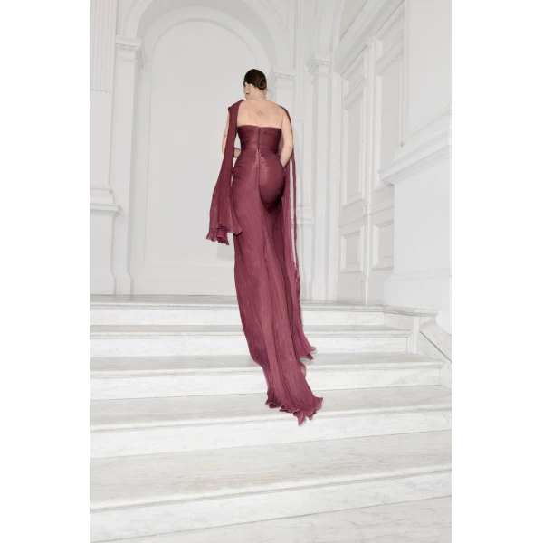 Marmar Halim Strapless Pleated Silk Dress With Cape in Burgundy | Evening Gowns | Coveti