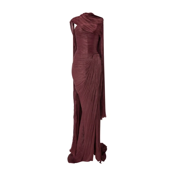 Marmar Halim Strapless Pleated Silk Dress With Cape in Burgundy | Evening Gowns | Coveti