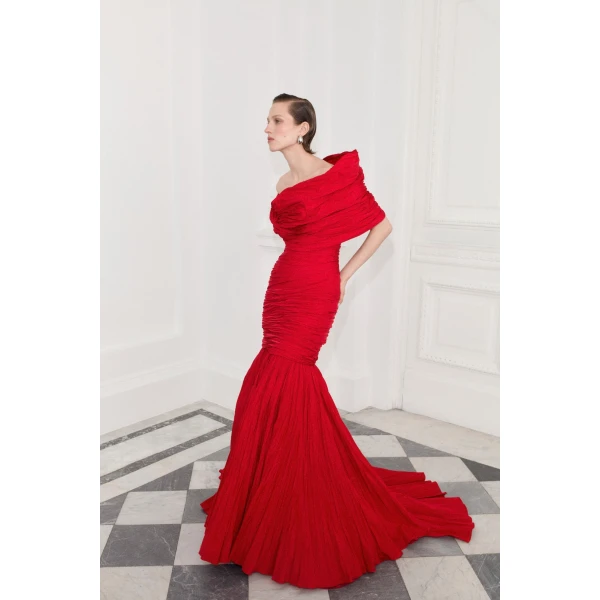 Marmar Halim Strapless Pleated Taffeta Fish-Cut Dress With Cape | Evening Gowns | Coveti