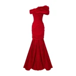 Marmar Halim Strapless Pleated Taffeta Fish-Cut Dress With Cape | Evening Gowns | Coveti