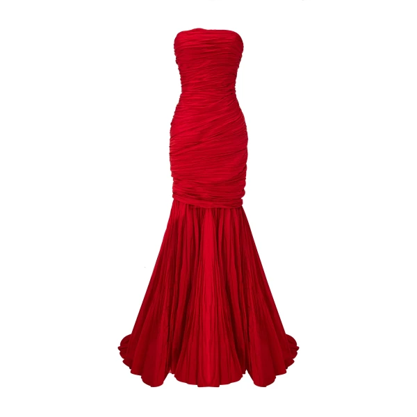 Marmar Halim Strapless Pleated Taffeta Fish-Cut Dress With Cape | Evening Gowns | Coveti