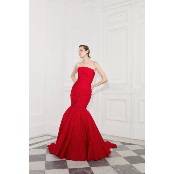 Marmar Halim Strapless Pleated Taffeta Fish-Cut Dress With Cape | Evening Gowns | Coveti