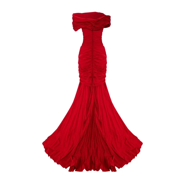 Marmar Halim Strapless Pleated Taffeta Fish-Cut Dress With Cape | Evening Gowns | Coveti