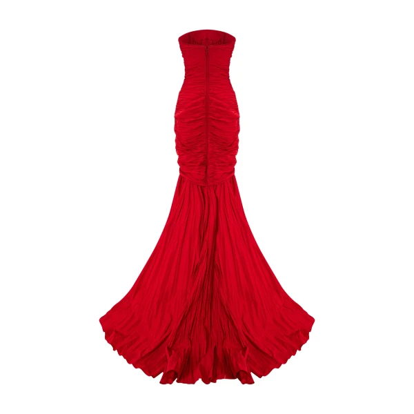 Marmar Halim Strapless Pleated Taffeta Fish-Cut Dress With Cape | Evening Gowns | Coveti