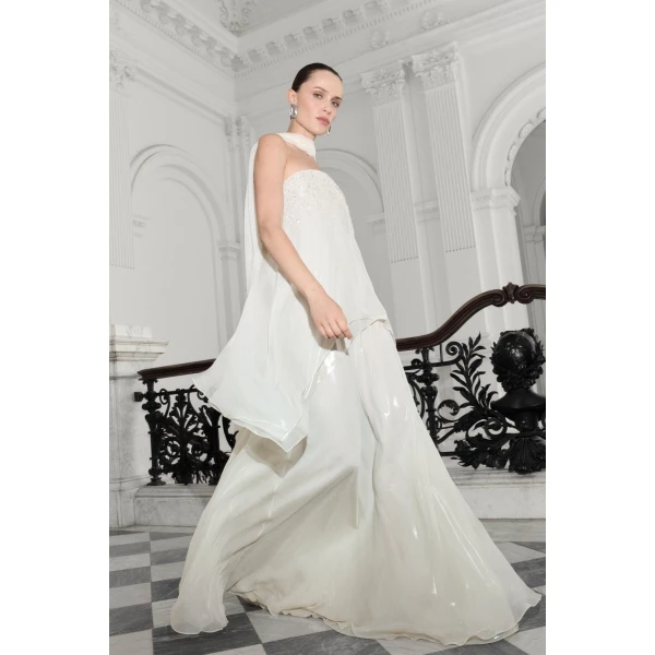 Marmar Halim Strapless Silk Chiffon Dress With Embroidery | Evening Gowns | Coveti
