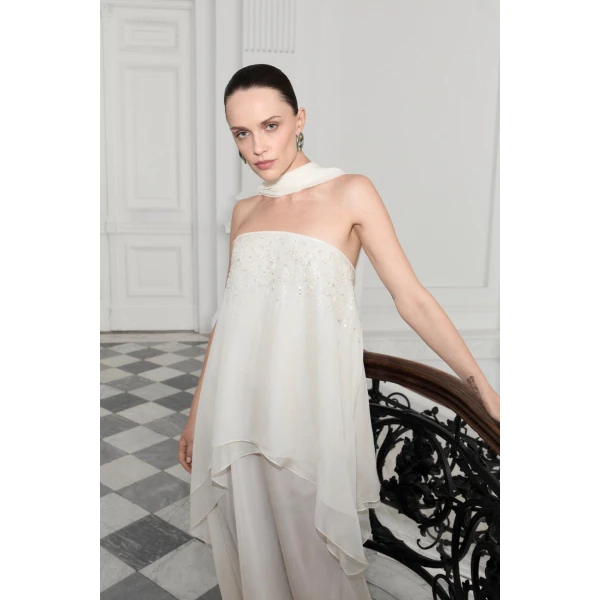 Marmar Halim Strapless Silk Chiffon Dress With Embroidery | Evening Gowns | Coveti