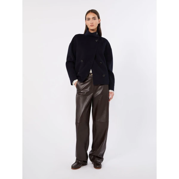 Max Mara Aceri Double Wool, Cashmere and Silk Pea Coat in Navy | Wool Coat | Coveti
