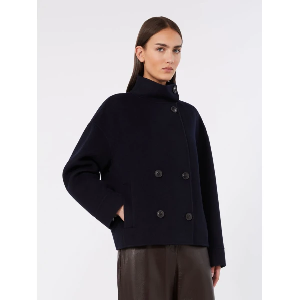 Max Mara Aceri Double Wool, Cashmere and Silk Pea Coat in Navy | Wool Coat | Coveti
