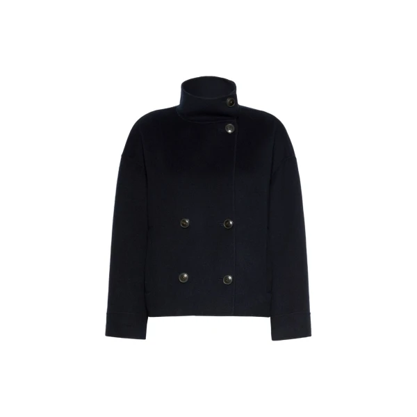 Max Mara Aceri Double Wool, Cashmere and Silk Pea Coat in Navy | Wool Coat | Coveti
