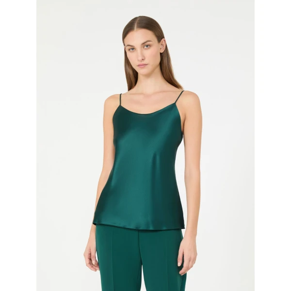 Max Mara Aceti Silk Satin Top in Dark Green | Blouse | Coveti